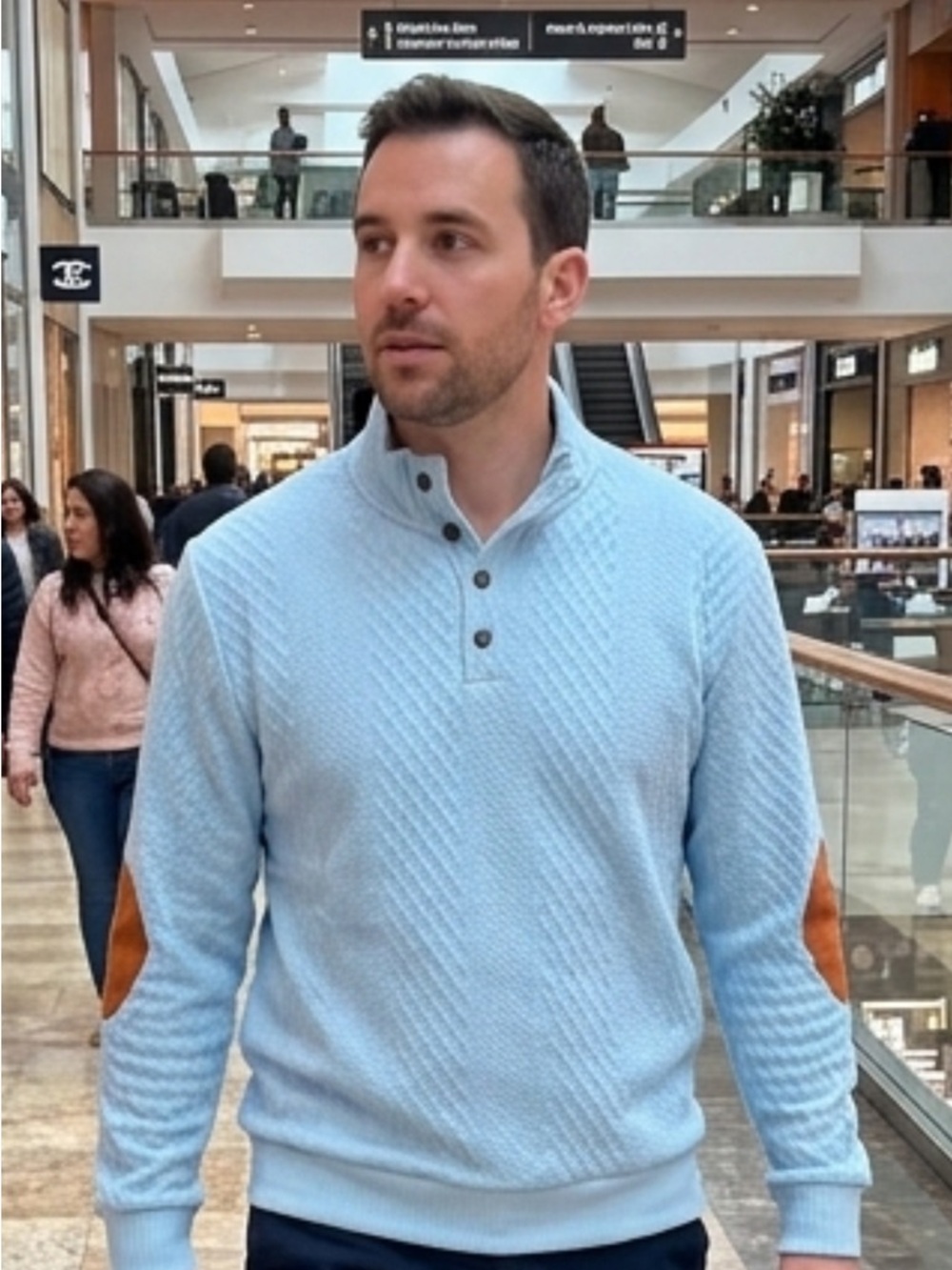 Men's Light Blue Knit Quarter-Button Sweater with Brown Elbow Patches
